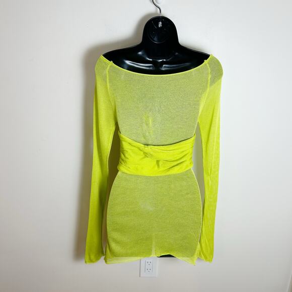 Meladyn OTS Ruched Sheer Y2K Long Sleeve Top Size Large Neon Green - Picture 9 of 9